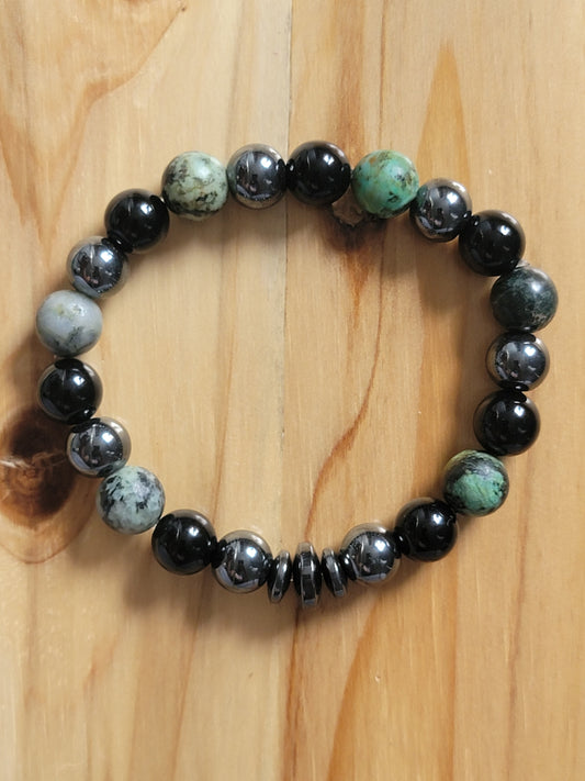 Pulsera de cuentas de ónix, hematita y turquesa africana
